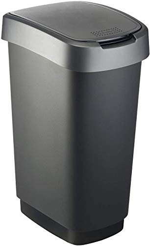 Rotho Twist Mülleimer 50 l mit Abdeckung PP Kunststoff BPA-frei Schwarz-Silber