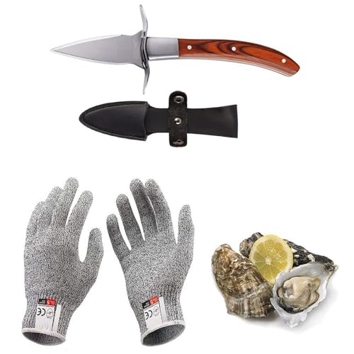 Austernmesser Oyster Knife Austernöffner mit Holzgriff und schnittfesten Handschuhen