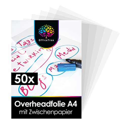 OfficeTree 50 × Overheadfolie A4 OHP Folien glasklar Folie für Laserdrucker