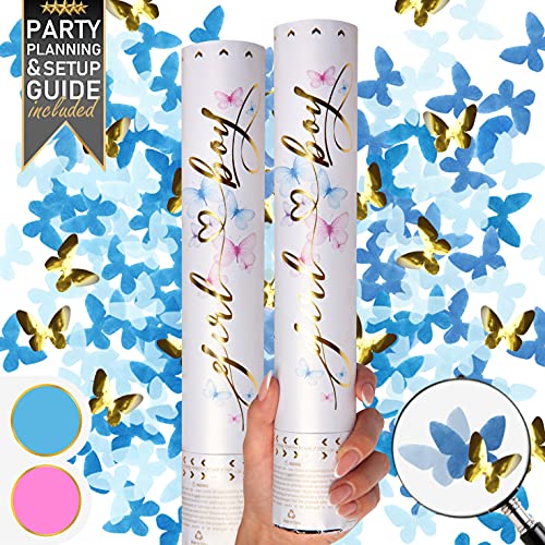 Konfettikanone XXL für Gender Reveal 4er Pack Blau Schmetterlingsform Papier